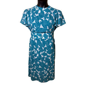 Teal Blue White 80's Dress Wide Belt Sz 10 12 Geometric New Wave Flutter Sleeve